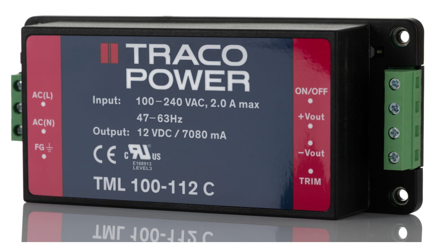 TRACOPOWER Switching Power Supply, TML 100-112C, 12V dc, 7A, 84W, 1 Output, 100 → 240V ac Input Voltage