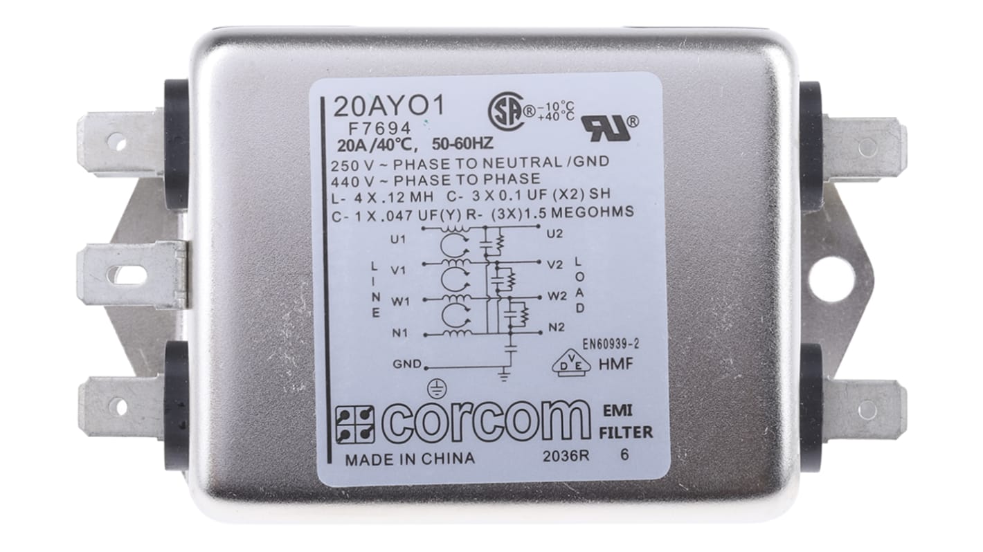 TE Connectivity, Corcom AYO 20A RFI Filter, Spade 3 Phase