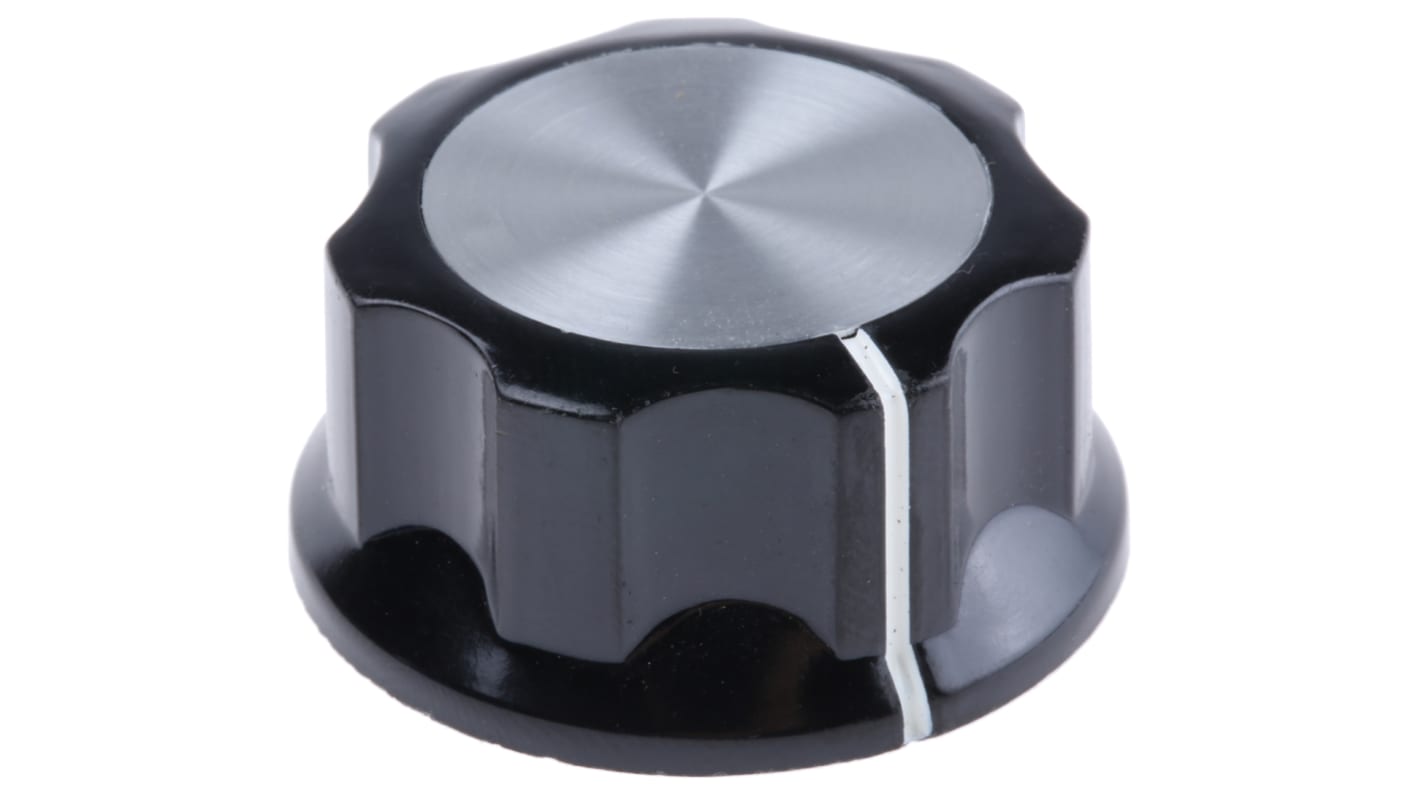 TE Connectivity 33mm Black Potentiometer Knob for 6.35mm Shaft Splined, PKES120B1/4