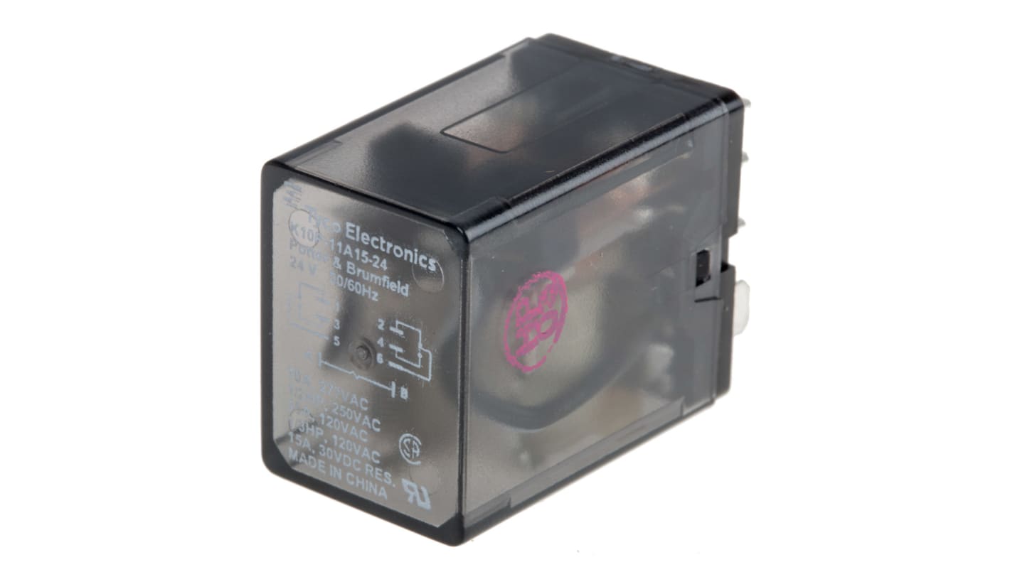 TE Connectivity Plug In Power Relay, 24V ac Coil, 15A Switching Current, DPDT