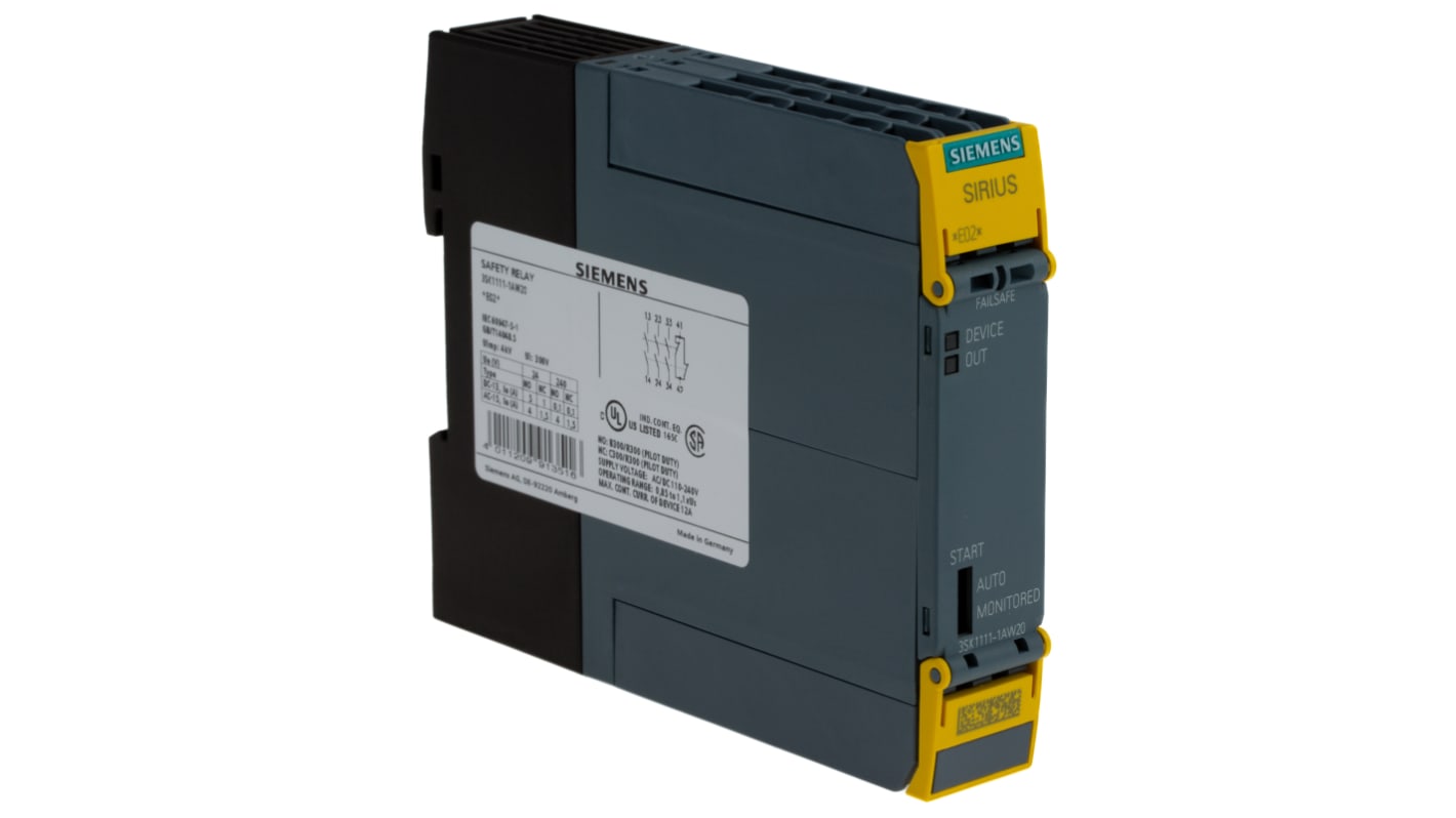 Siemens 3SK1 Safety Monitoring Safety Relay, 110 → 240V ac/dc, Single Channel, 4 Safety Contacts