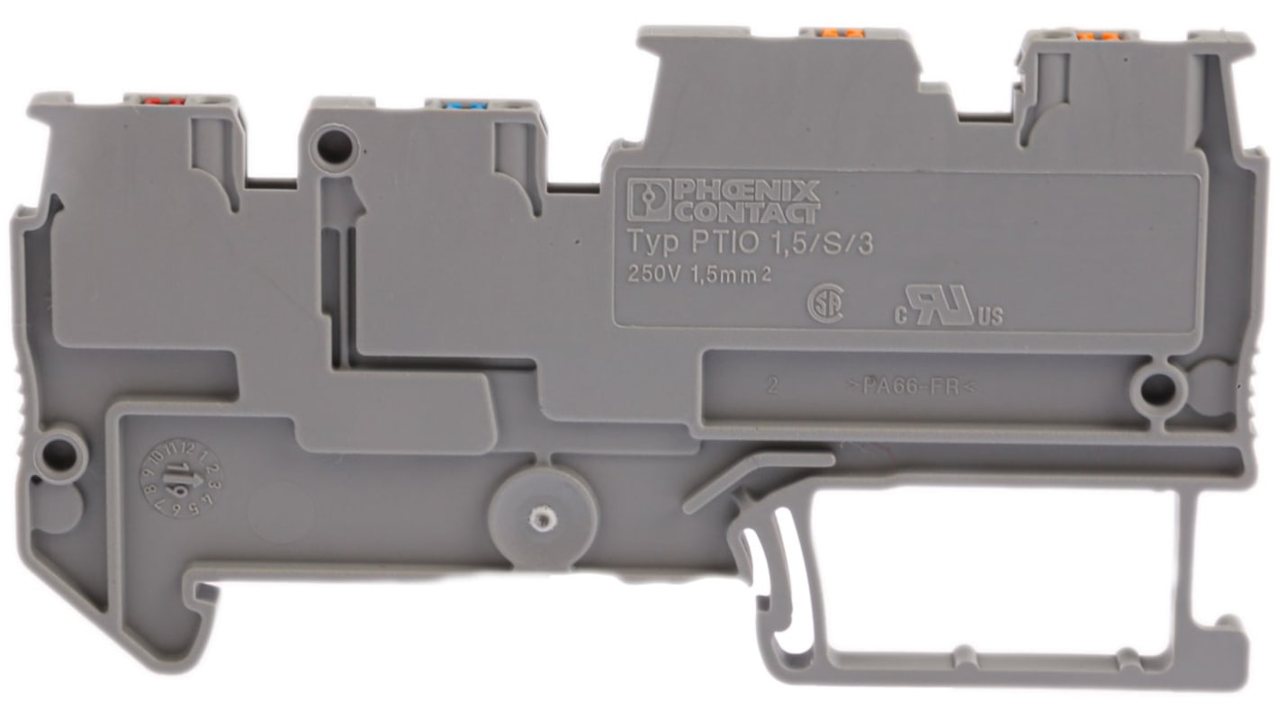 Phoenix Contact PTIO 1.5/S/3 Series Grey DIN Rail Terminal Block, 1.5mm², Triple-Level, Push In Termination