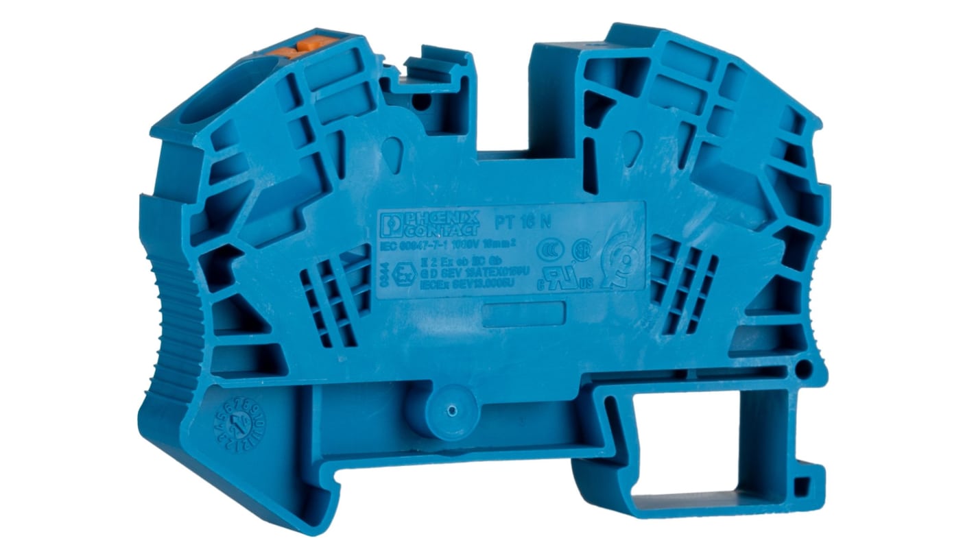 Phoenix Contact 3212142 PT 16 N BU Series Blue, Single-Level, Push In Termination