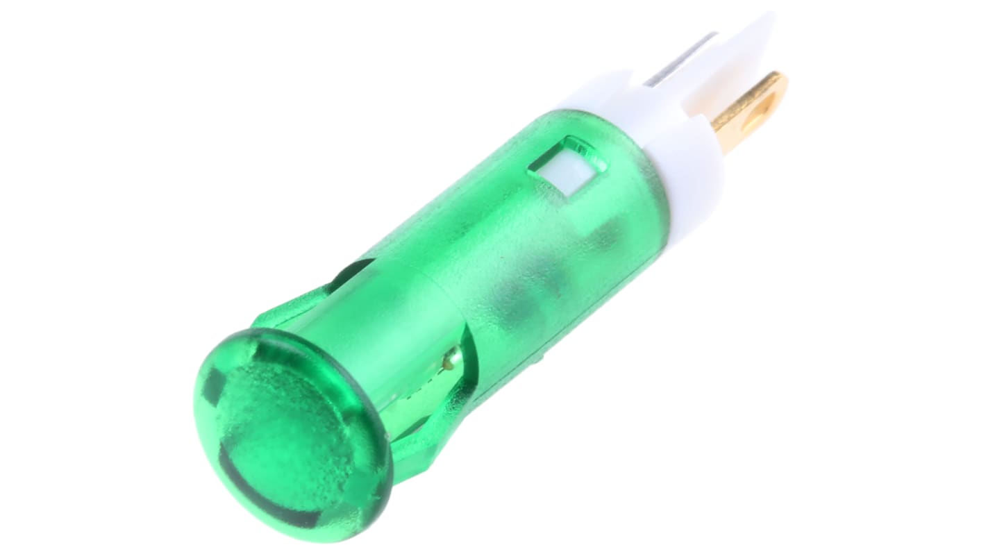APEM 绿色LED面板指示灯, 24V 直流, 20mA, Φ6mm安装孔, Faston，焊接接线片端接, 绿色边框