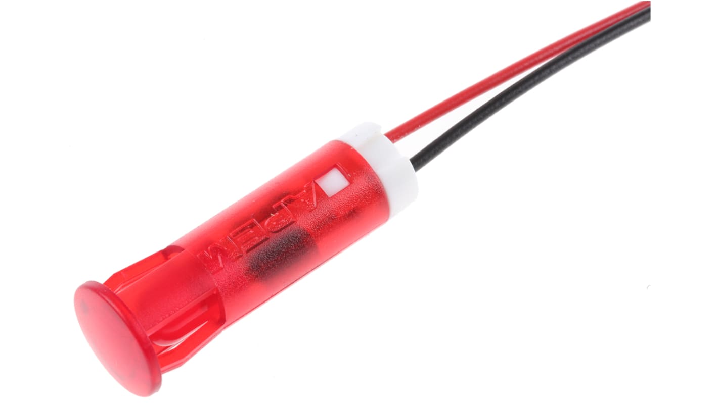 Apem Red Panel Mount Indicator, 220V ac, 8mm Mounting Hole Size, Lead Wires Termination