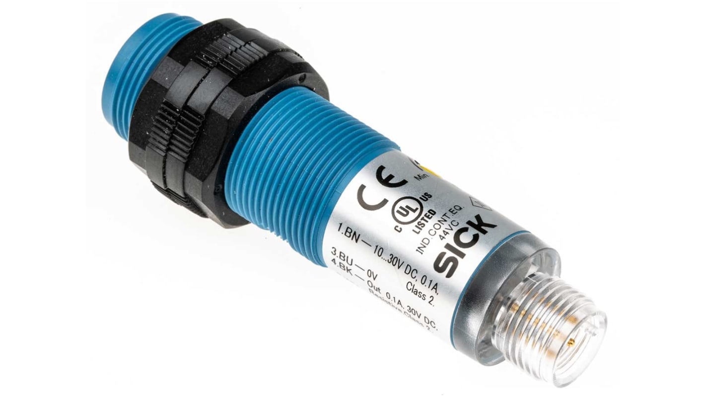 Rs-Online Sensore fotoelettrico Cilindrico Sick a soppressione di sfondo rilevamento 1 mm → 500 mm uscita PNP