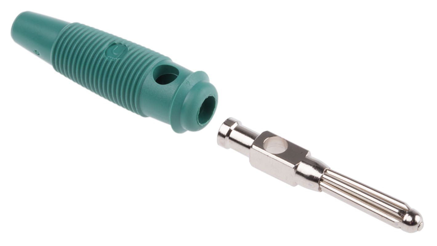 Hirschmann Test & Measurement Green Male Banana Plug, 4 mm Connector, Solder Termination, 30A, 30 V ac, 60V dc, Nickel