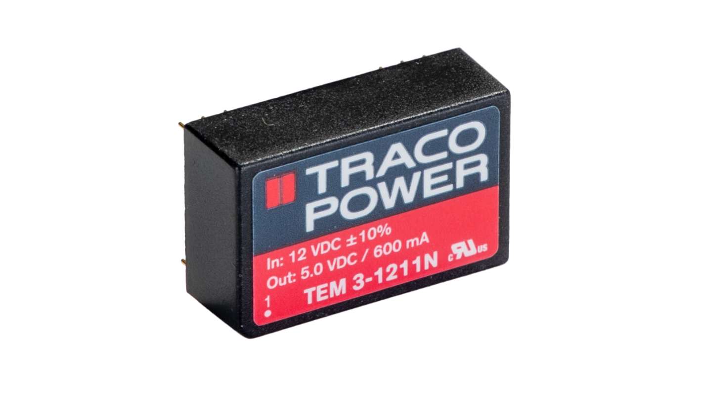 TRACOPOWER TEM 3N DC-DC Converter, 5V dc/ 600mA Output, 10.8 → 13.2 V dc Input, 3W, Through Hole, +75°C Max Temp