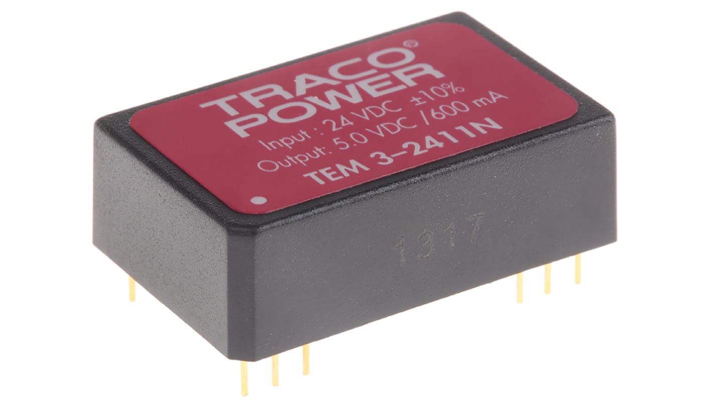 TRACOPOWER TEM 3N DC-DC Converter, 5V dc/ 600mA Output, 21.6 → 26.4 V dc Input, 3W, PCB Mount, +85°C Max Temp