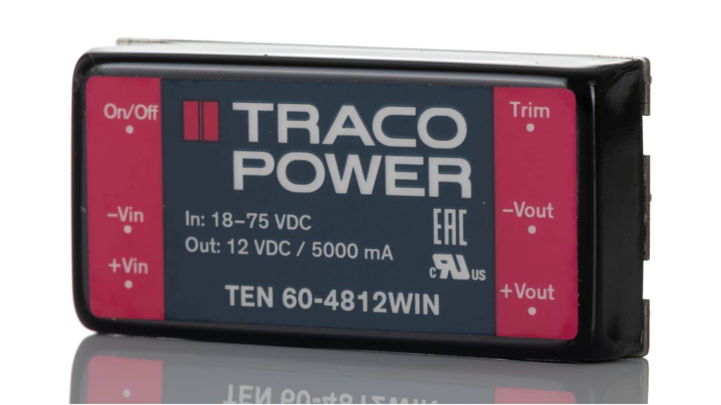 TRACOPOWER TEN 60WIN DC-DC Converter, 12V dc/ 5A Output, 18 → 75 V dc Input, 60W, PCB Mount, +85°C Max Temp