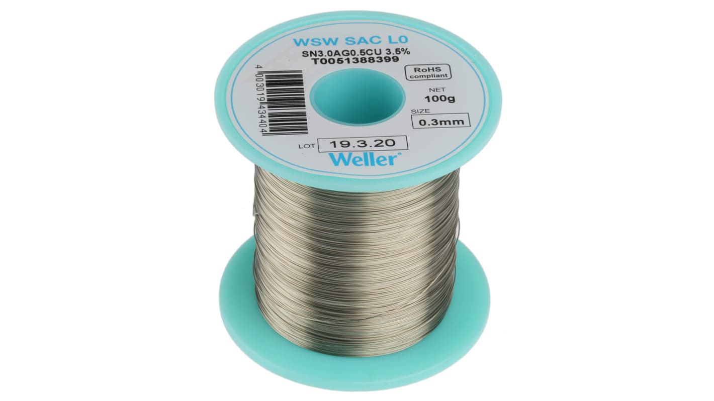 Weller Wire, 0.3mm Lead Free Solder, +217 → +221°C Melting Point