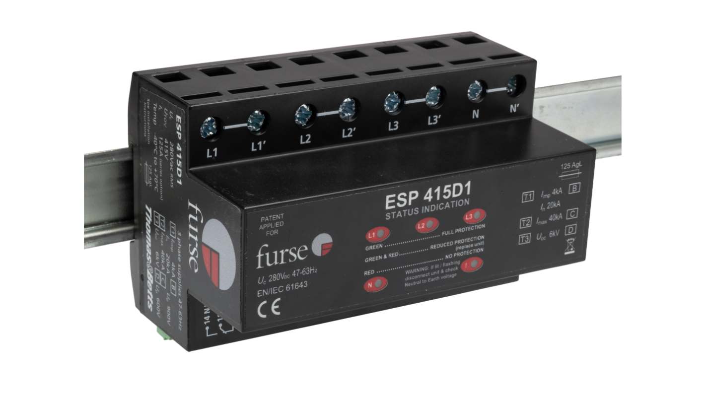 WJ Furse, D1 Lightning / Surge Arrester 280 V Maximum Voltage Rating 6.25kA Maximum Surge Current Mains Surge Protector