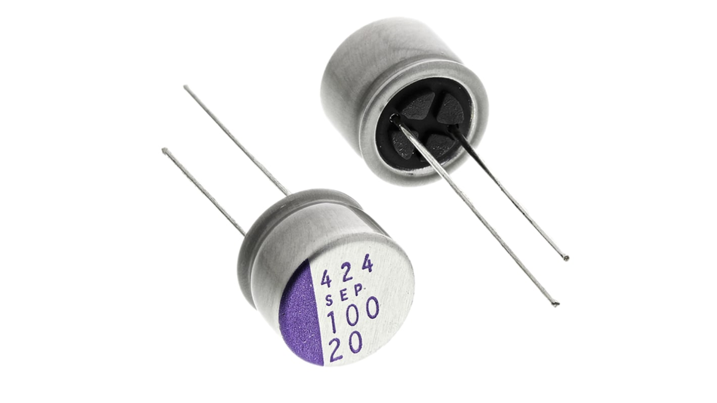 Panasonic SEP, THT Polymerkondensator 100μF ±20% / 20V dc, Ø 10mm, -55°C → +105°C