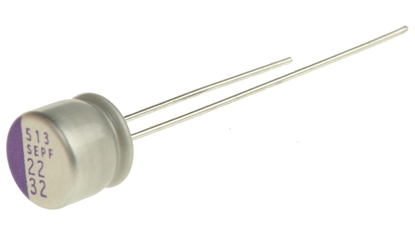 Panasonic SEPF, THT Polymerkondensator 22μF ±20% / 32V dc, Ø 6.3mm, -55°C → +105°C