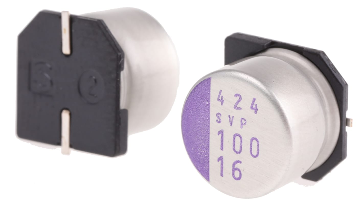 Condensatore polimerico Panasonic SVP, 100μF, 16V cc, SMD