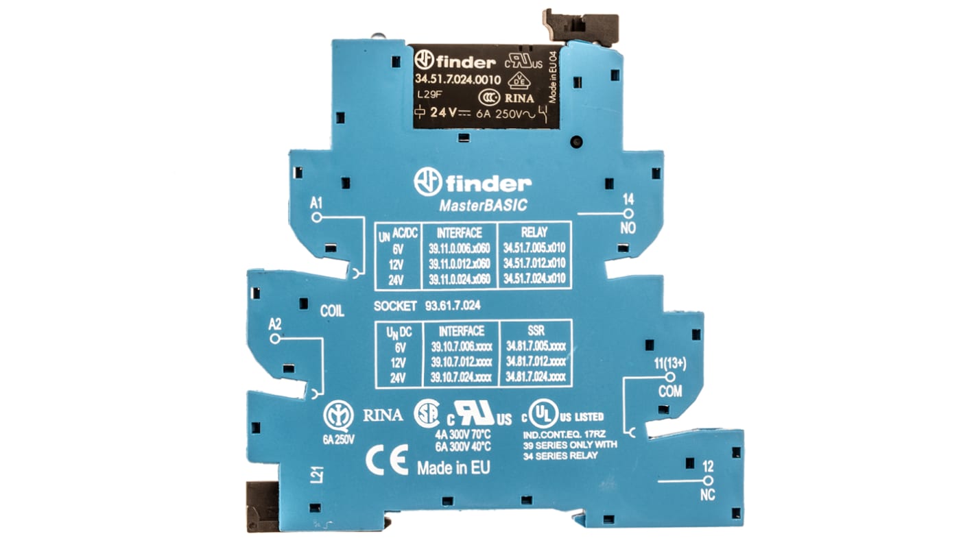 Finder 39 Series Interface Relais, 19.2V / 26.4V 24V ac/dc, 1-poliger Wechsler DIN-Schienen 250 → 400V ac