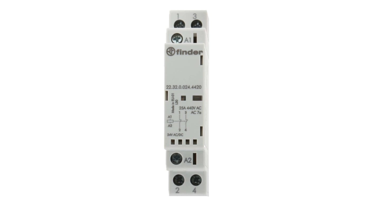 Contattore Finder, serie 22 Series, 2 poli, 1NO + 1NC, 25 A, 2,2 W, bobina 24 V c.a./c.c.