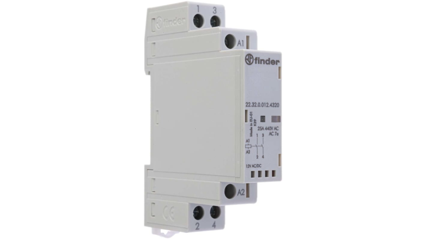 Finder 22 Contactor, 12 V ac/dc Coil, 2-Pole, 25 A, 2.2 W, 2NO, 440 V