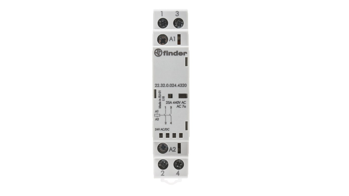 Finder 22 Contactor, 24 V ac/dc Coil, 2-Pole, 25 A, 2.2 W, 2NO, 440 V