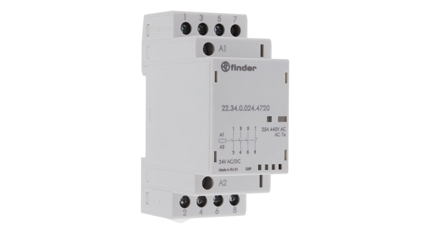 Finder 22 Contactor, 24 V ac/dc Coil, 4-Pole, 25 A