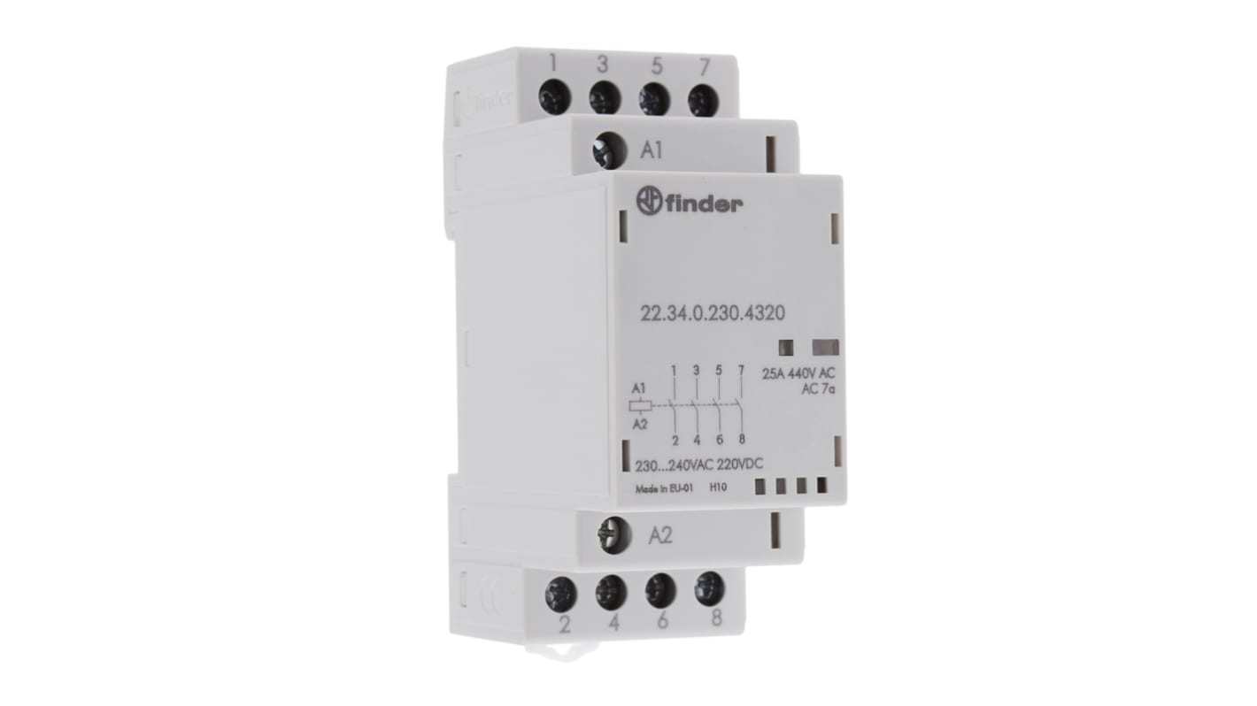 Finder 22 Contactor, 240 V ac Coil, 4-Pole, 25 A
