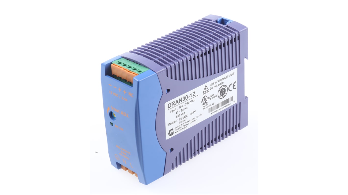 Chinfa DRAN30 Switched Mode DIN Rail Power Supply, 85 → 264V ac ac Input, 12V dc dc Output, 2.5A Output, 30W