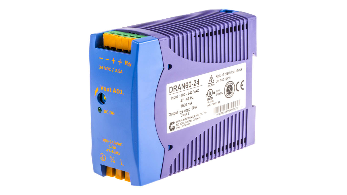 Chinfa DRAN60 DIN-Schienen Netzteil Getaktet 24V dc / 2.5A 60W 85 → 264V ac