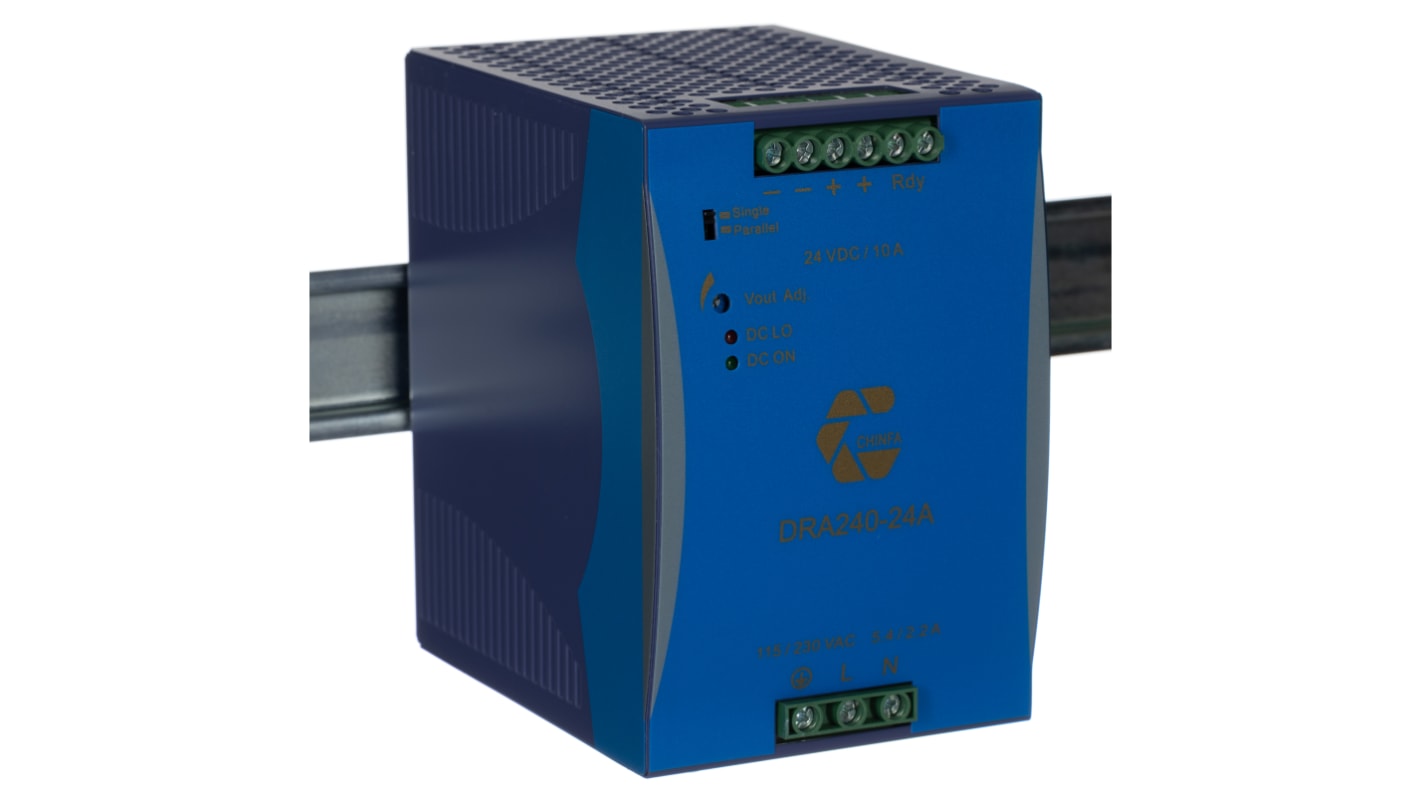 Chinfa DRA240 Switched Mode DIN Rail Power Supply, 90 → 264V ac ac Input, 24V dc dc Output, 10A Output, 240W