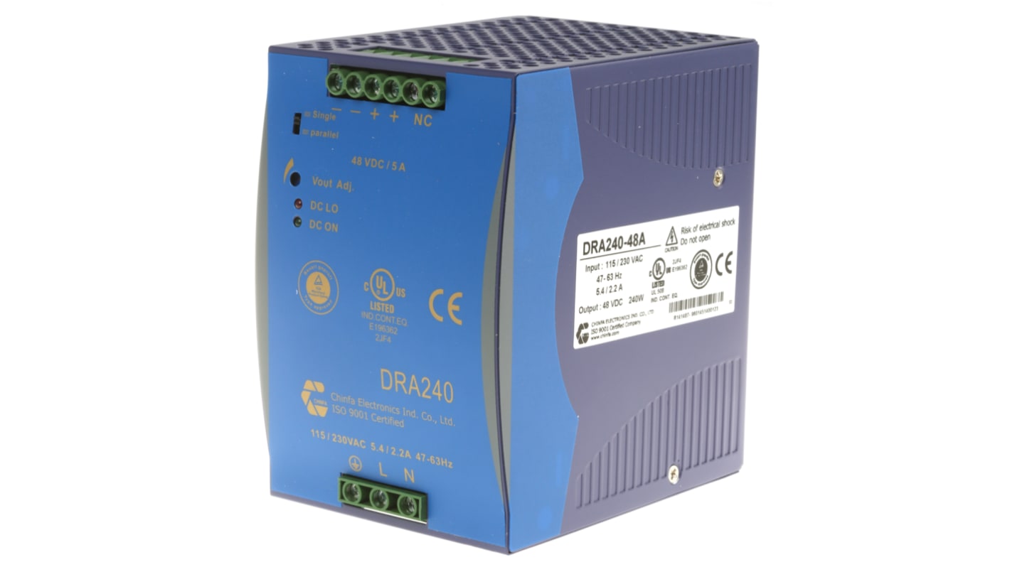 Alimentation pour rail DIN Chinfa, série DRA240, 48V c.c.out 5A, 240W
