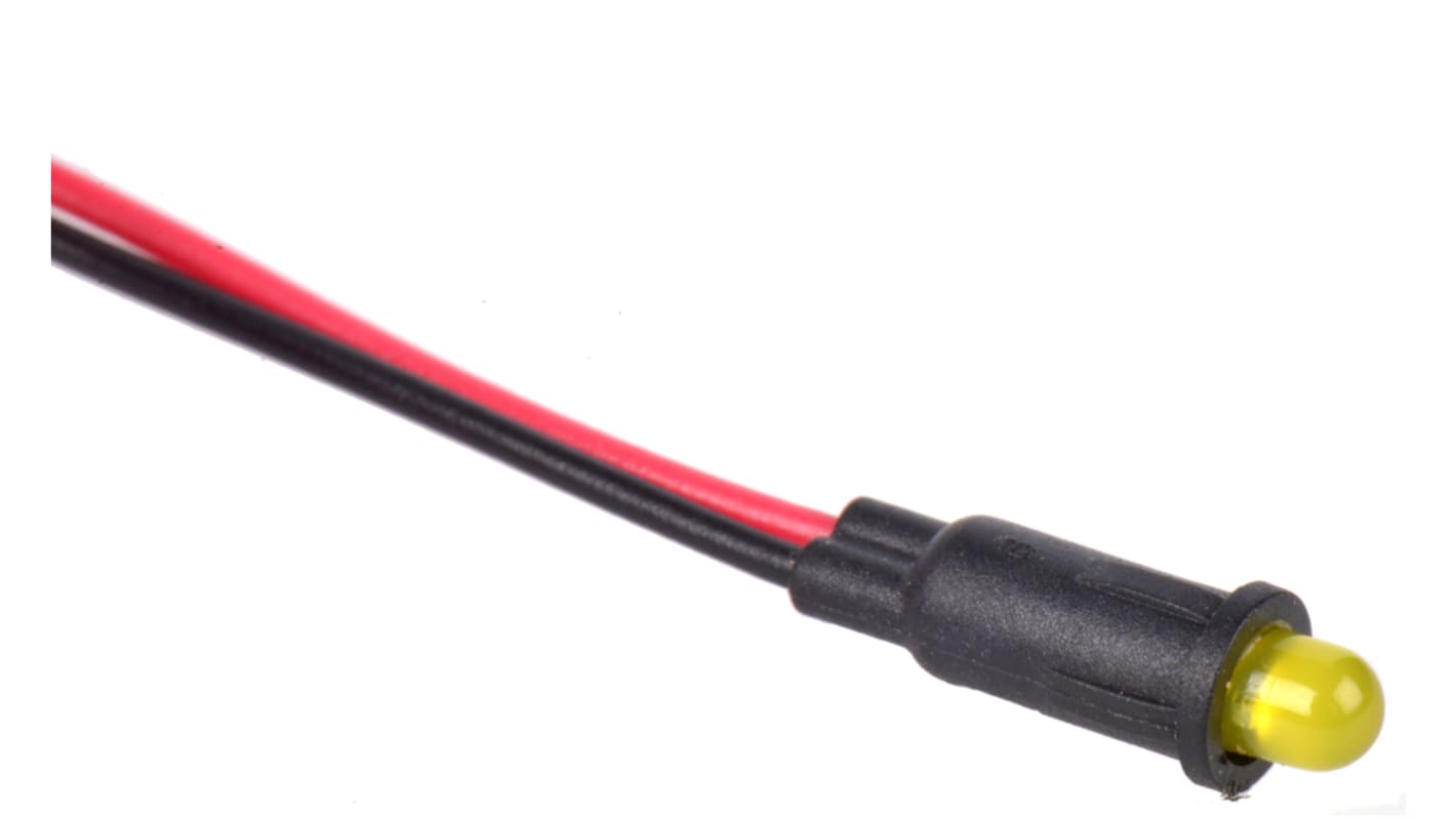 Marl Yellow Panel Mount Indicator, 2.8V, 4.1mm Mounting Hole Size, Lead Wires Termination