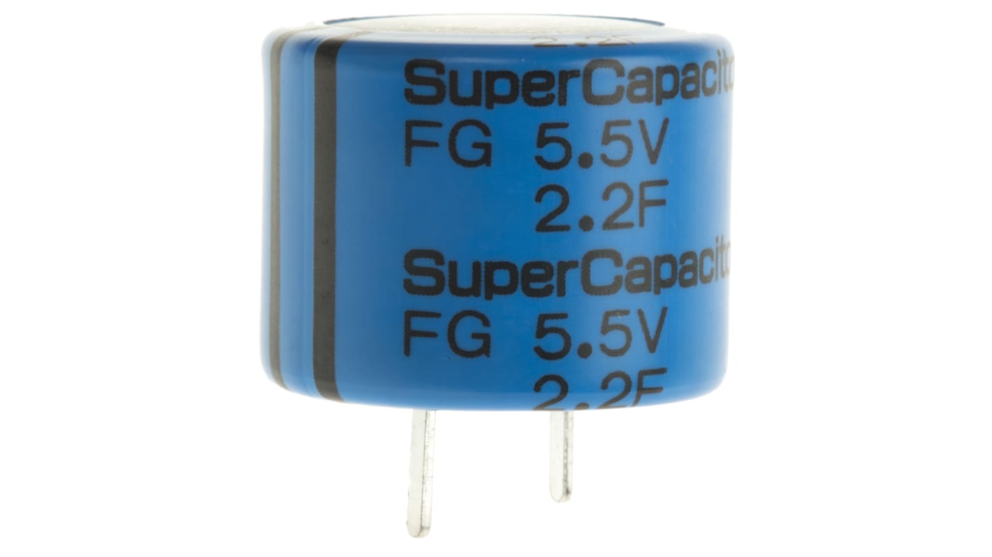 Supercondensador KEMET, 2.2F, -20 → +80%, 5.5V dc, Montaje en orificio pasante, 35Ω