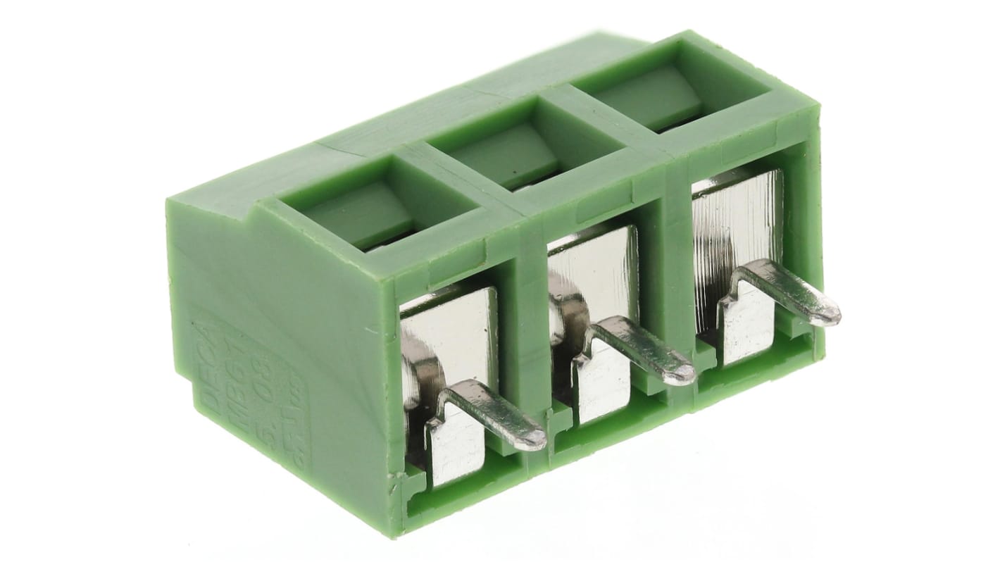 RS PRO PCB端子排, 3p, 5.08mm间距, 16A, 300 V, THT安装, 螺钉端接, 直向, 绿色