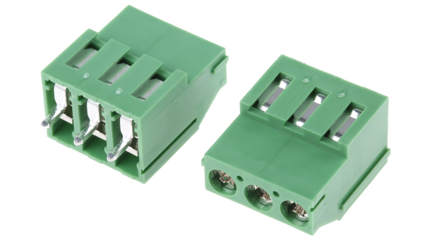 RS PRO PCB端子排, 3p, 5.08mm间距, 25A, 300 V, THT安装, 螺钉端接, 直向, 绿色