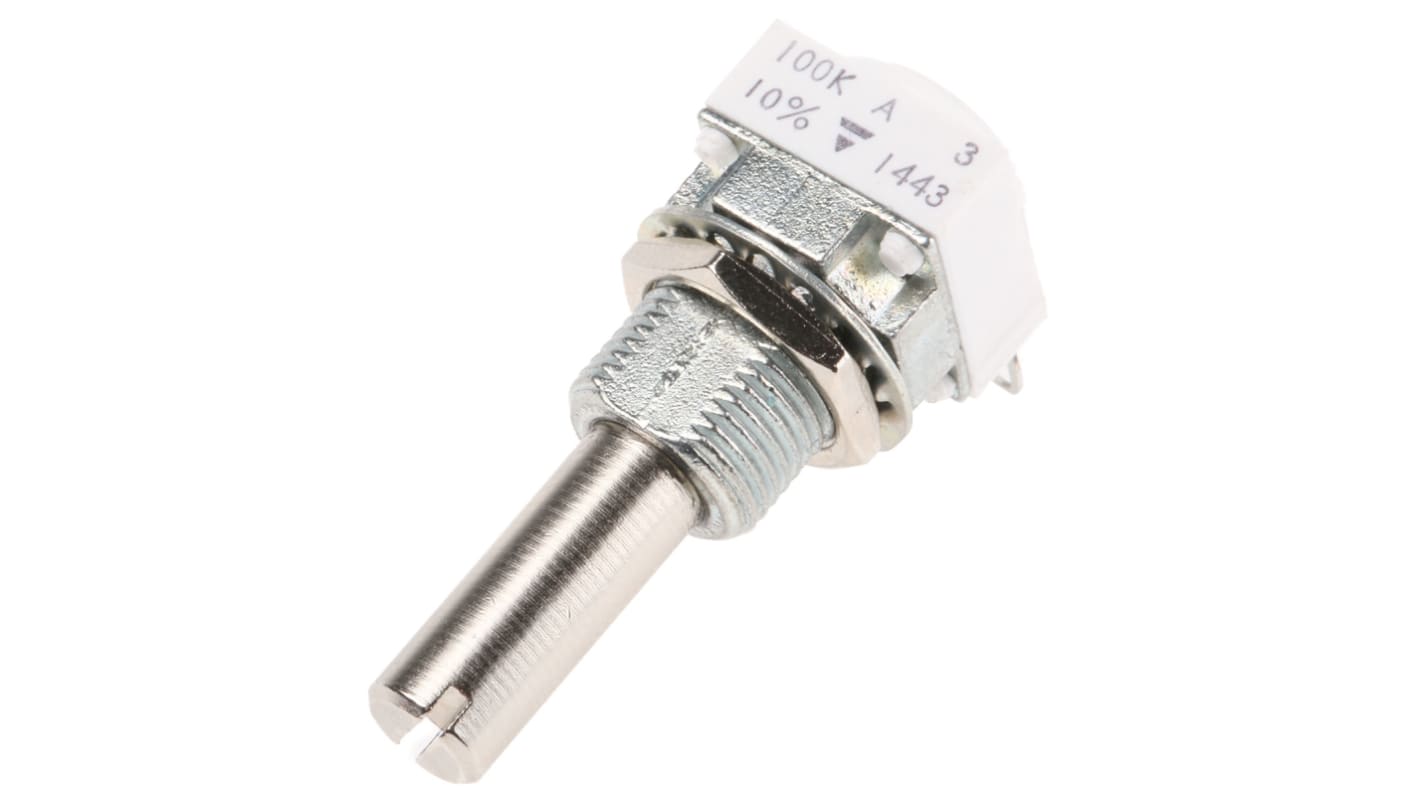 Vishay 旋转电位器, 100kΩ, 1W, 6 mm轴径, ±10%容差, 面板安装, 开槽轴执行器, 含陶合金元件, P11S系列