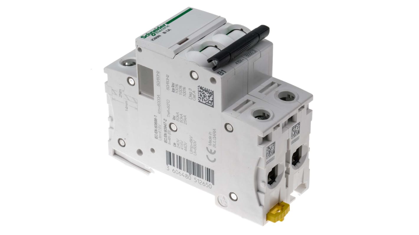 Schneider Electric Acti 9 iC60N MCB, 2P, 1A Curve B, 440V AC, 100 → 133V DC, 6 kA Breaking Capacity