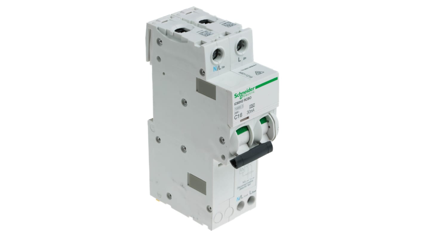 Schneider Electric RCBO, 16A Current Rating, 1P+N Poles, 30mA Trip Sensitivity, Type C, Acti 9 Range