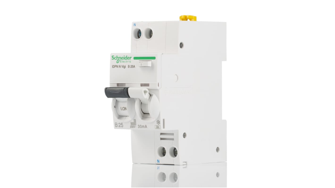 Schneider Electric RCBO, 25A Current Rating, 1P+N Poles, 30mA Trip Sensitivity, Type B, Acti 9 Range