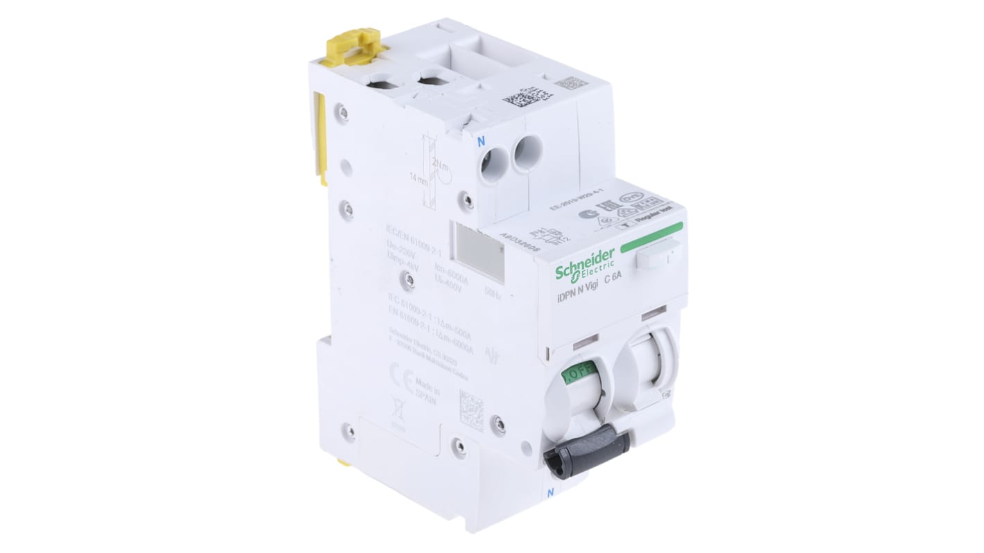 Schneider Electric RCBO, 6A Current Rating, 1P+N Poles, 30mA Trip Sensitivity, Type C, Acti 9 Range