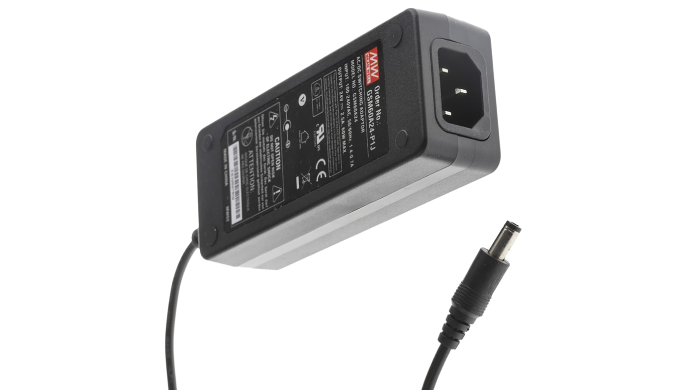 MEAN WELL Power Brick AC/DC Adapter 24V dc Output, 2.5A Output