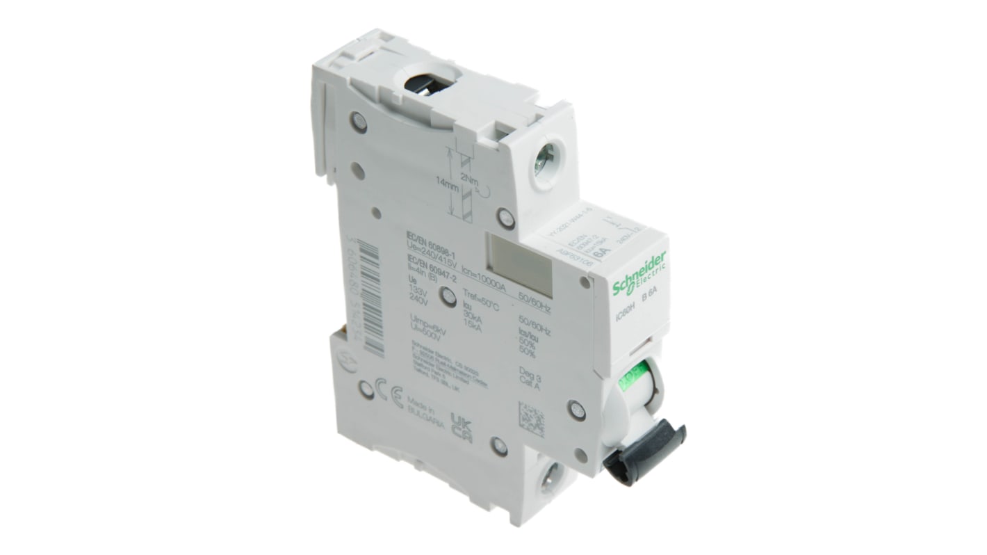 Schneider Electric Acti 9 iC60H MCB, 1P, 6A Curve B, 100 → 133V AC, 72V DC, 10 kA Breaking Capacity