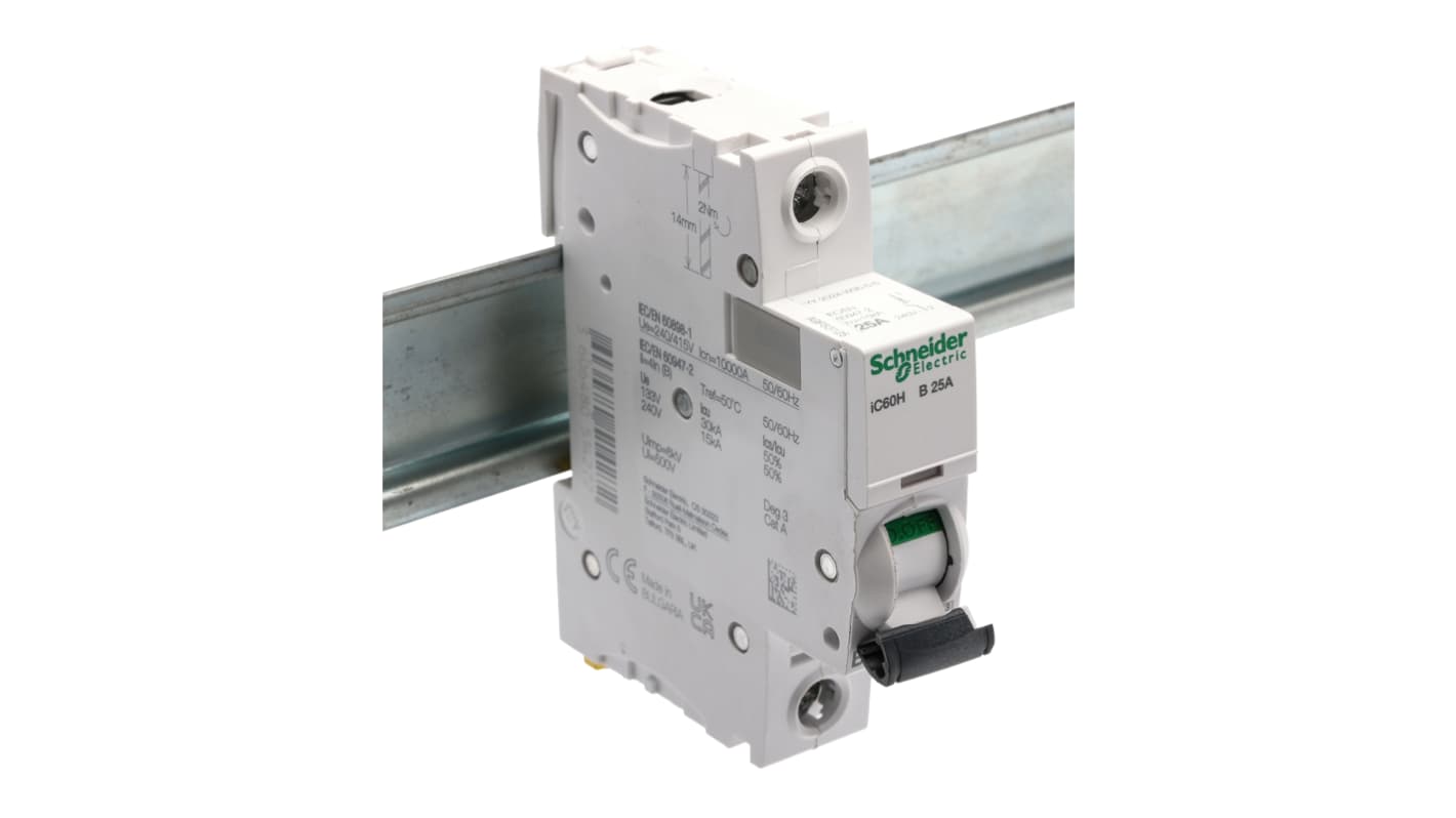 Schneider Electric Acti 9 iC60H MCB, 1P, 25A Curve B, 100 → 133V AC, 72V DC, 10 kA Breaking Capacity