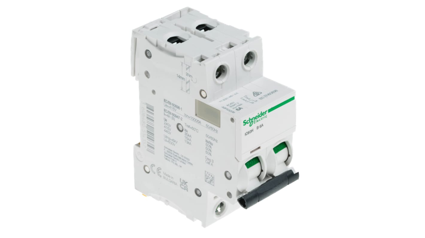 Schneider Electric Acti 9 iC60H MCB Mini Circuit Breaker, 2P, 6A Curve B, 12 → 133 V, 220 → 240 V, 380