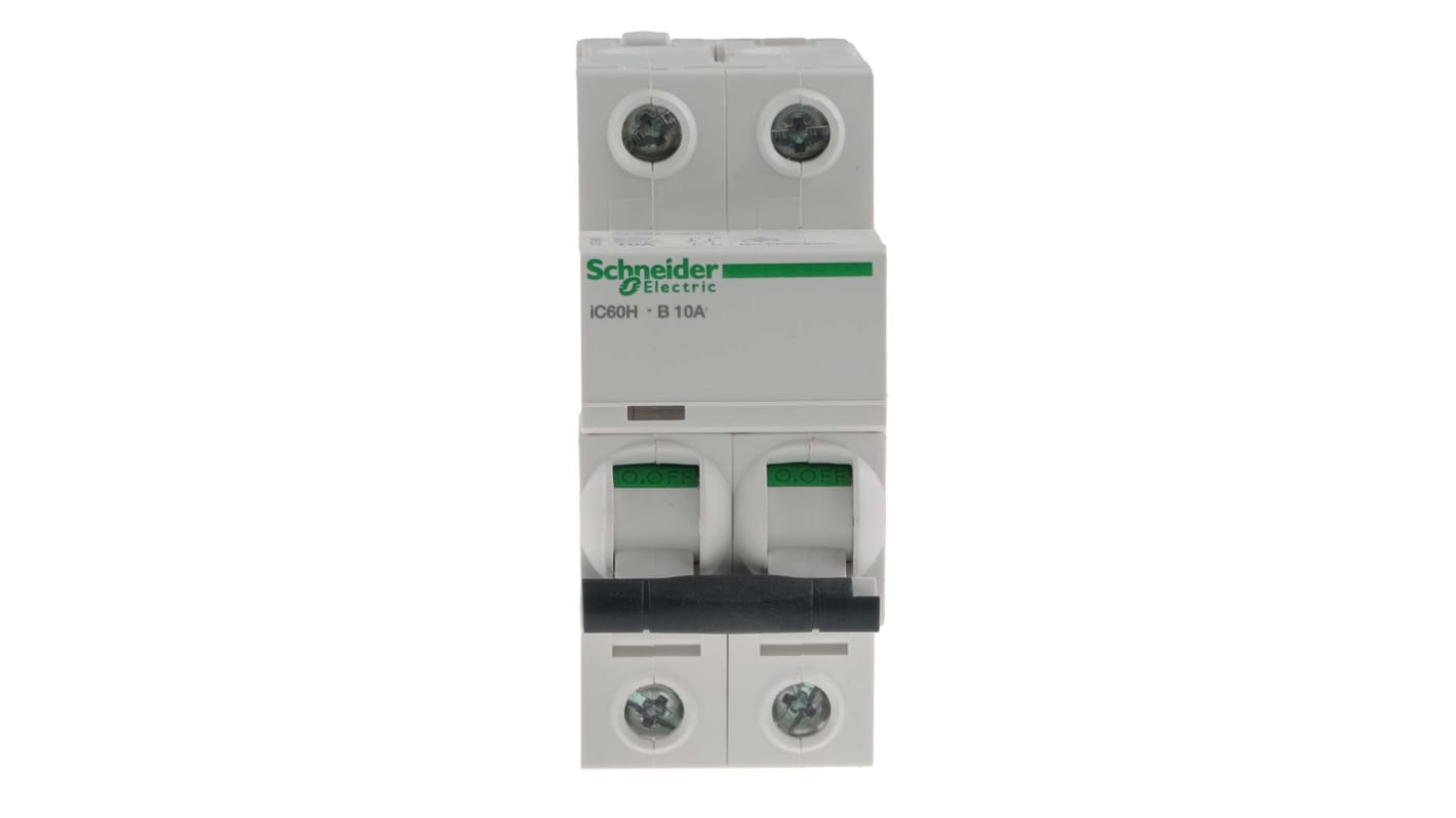 Schneider Electric Acti 9 iC60H MCB, 2P, 10A Curve B, 440V AC, 100 → 133V DC, 10 kA Breaking Capacity