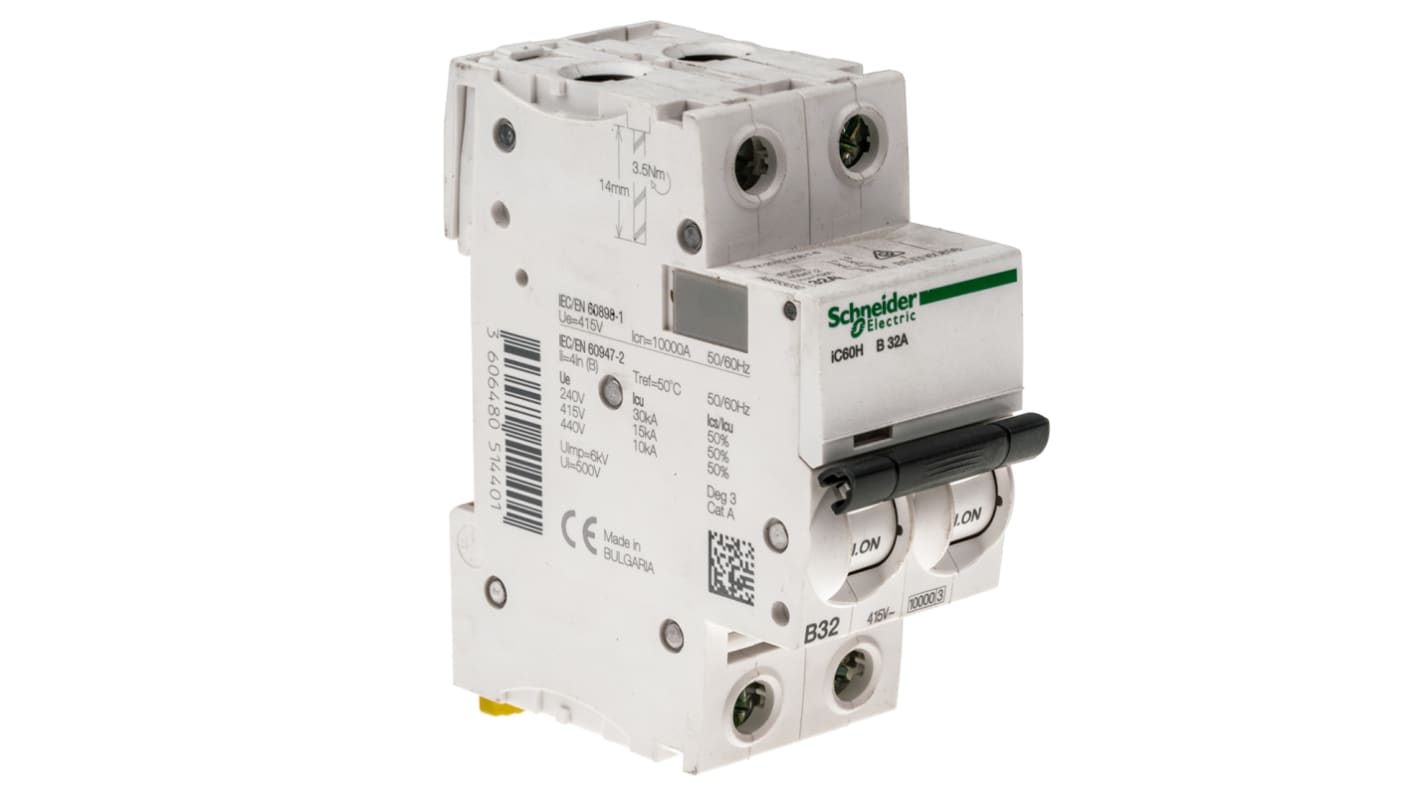 Schneider Electric Acti 9 iC60H MCB, 2P, 32A Curve B, 440V AC, 100 → 133V DC, 10 kA Breaking Capacity