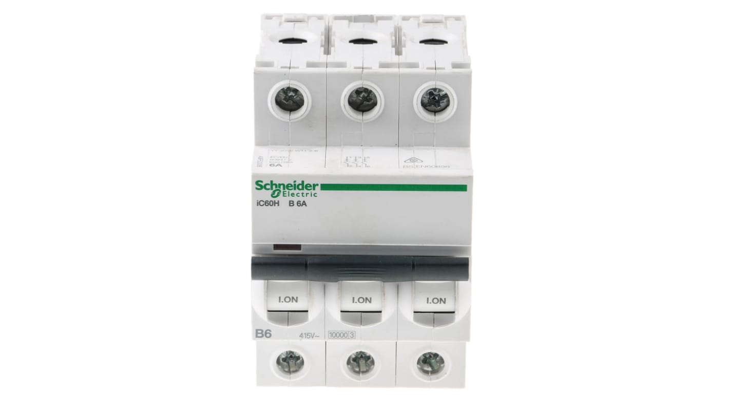 Schneider Electric Acti 9 iC60H MCB, 3P, 6A Curve B, 440V AC, 100 → 133V DC, 10 kA Breaking Capacity