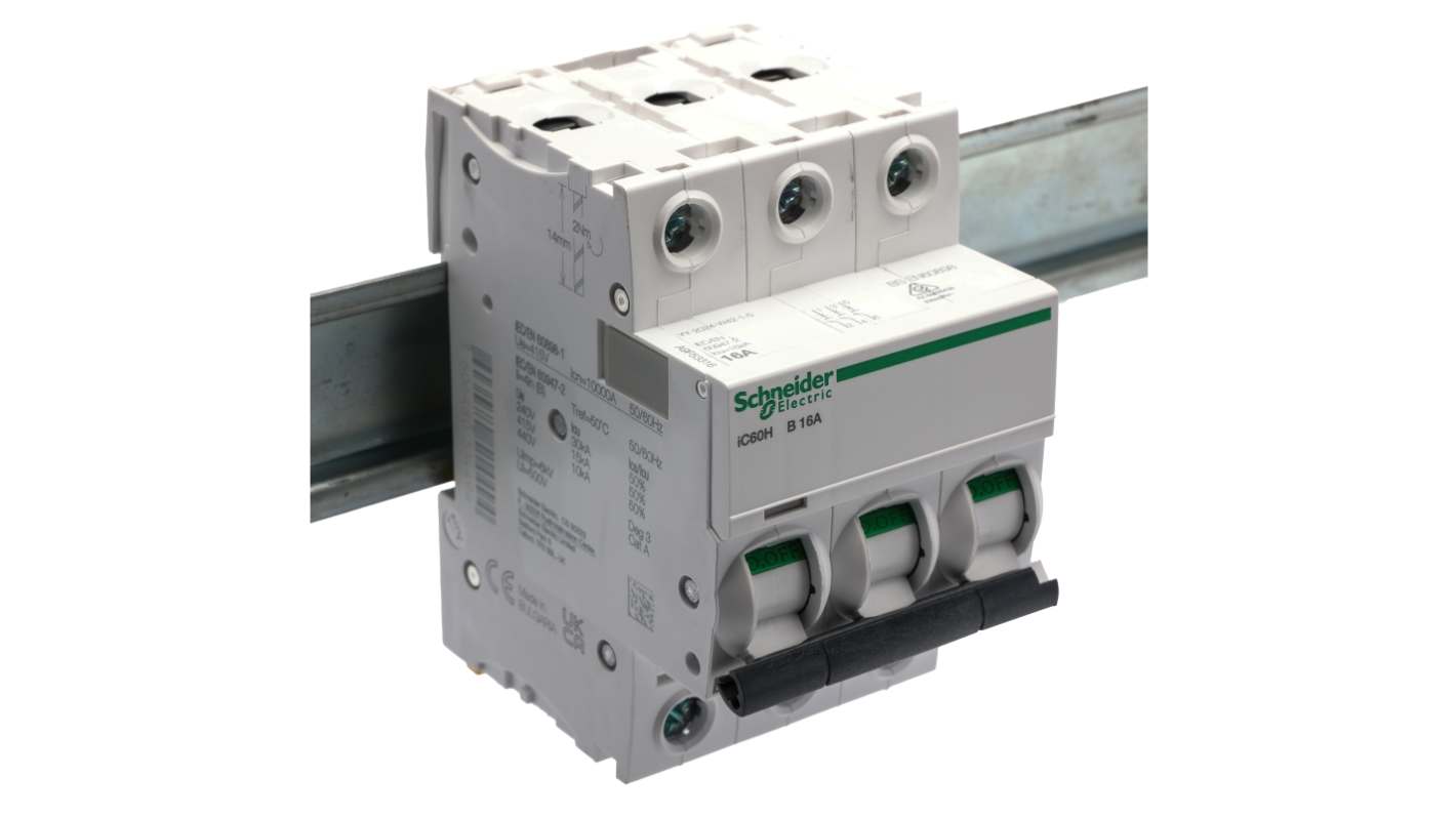 Schneider Electric Acti 9 iC60H MCB, 3P, 16A Curve B, 440V AC, 100 → 133V DC, 10 kA Breaking Capacity
