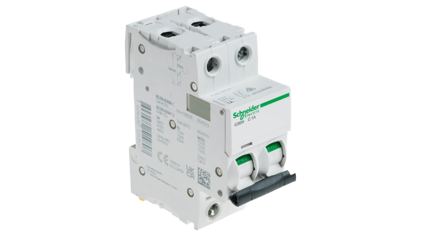 Schneider Electric Acti 9 iC60H MCB Mini Circuit Breaker, 2P, 1A Curve C, 12 → 133 V, 220 → 240 V, 380