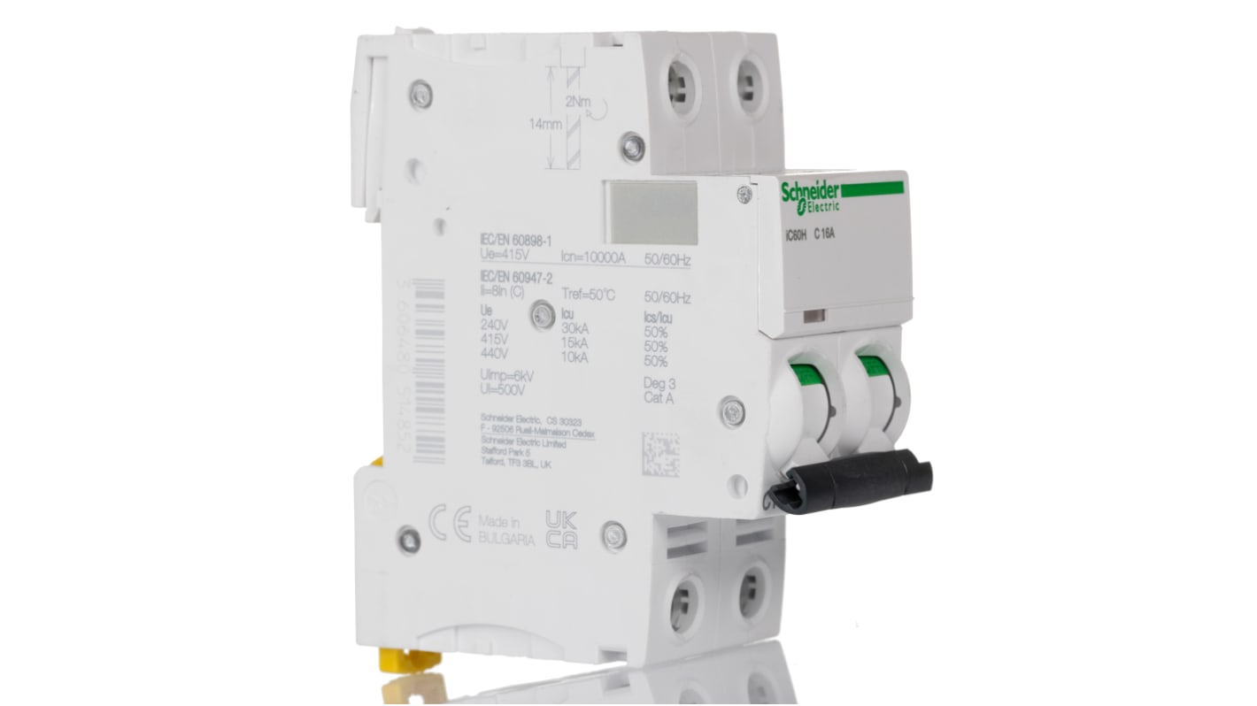 Schneider Electric Acti 9 iC60H MCB, 2P, 16A Curve C, 440V AC, 100 → 133V DC, 10 kA Breaking Capacity