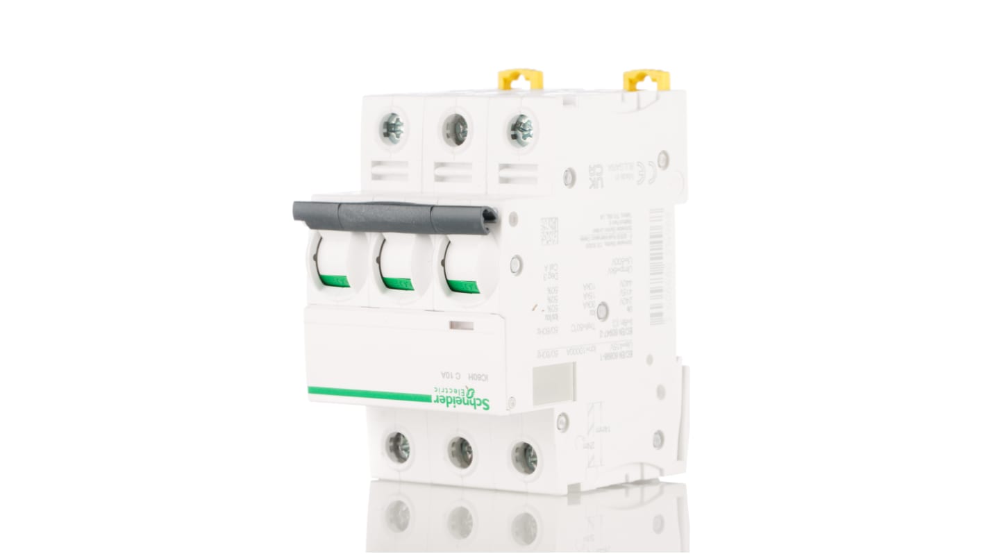 Schneider Electric Acti 9 iC60H MCB, 3P, 10A Curve C, 440V AC, 100 → 133V DC, 10 kA Breaking Capacity