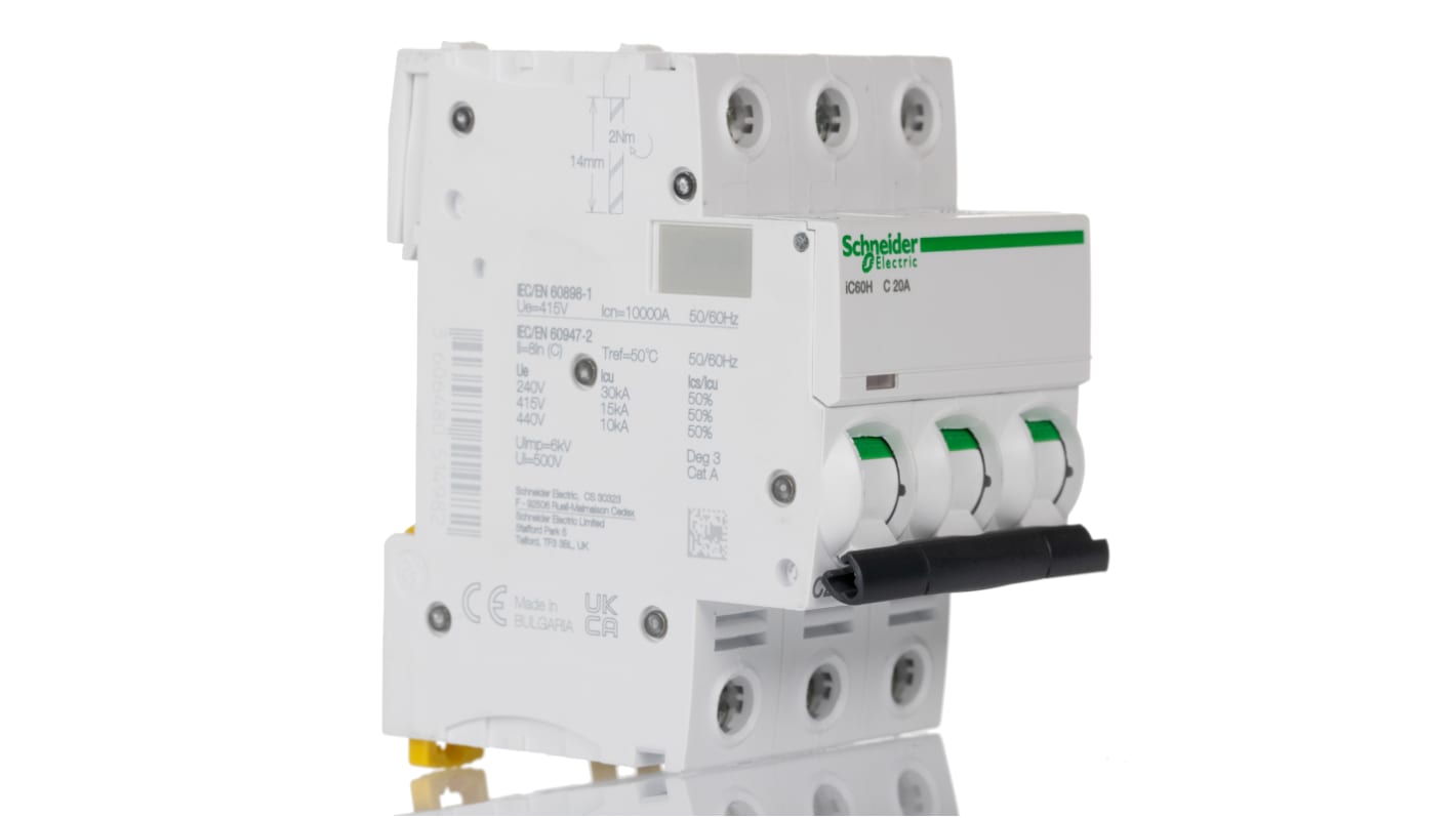 Schneider Electric Acti 9 iC60H MCB, 3P, 20A Curve C, 440V AC, 100 → 133V DC, 10 kA Breaking Capacity